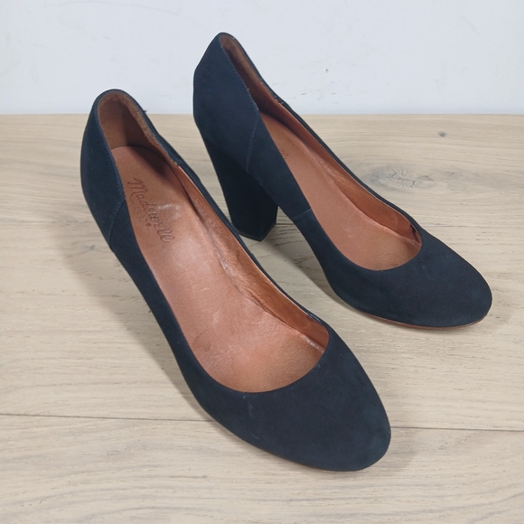 Madewell Black Leather Round Toe Block Heel Classic Office Dress Pumps 421 - Picture 5 of 13